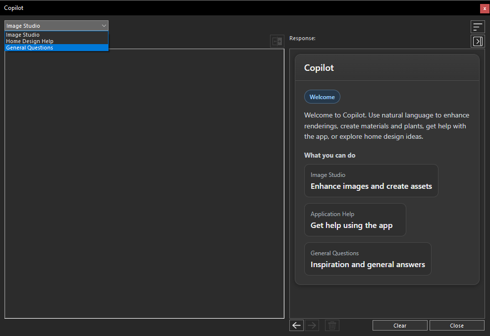 General Questions option selected from the Copilot dropdown menu