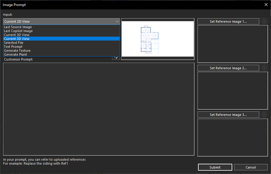 Current 2D View option selected from the Input drop-down menu
