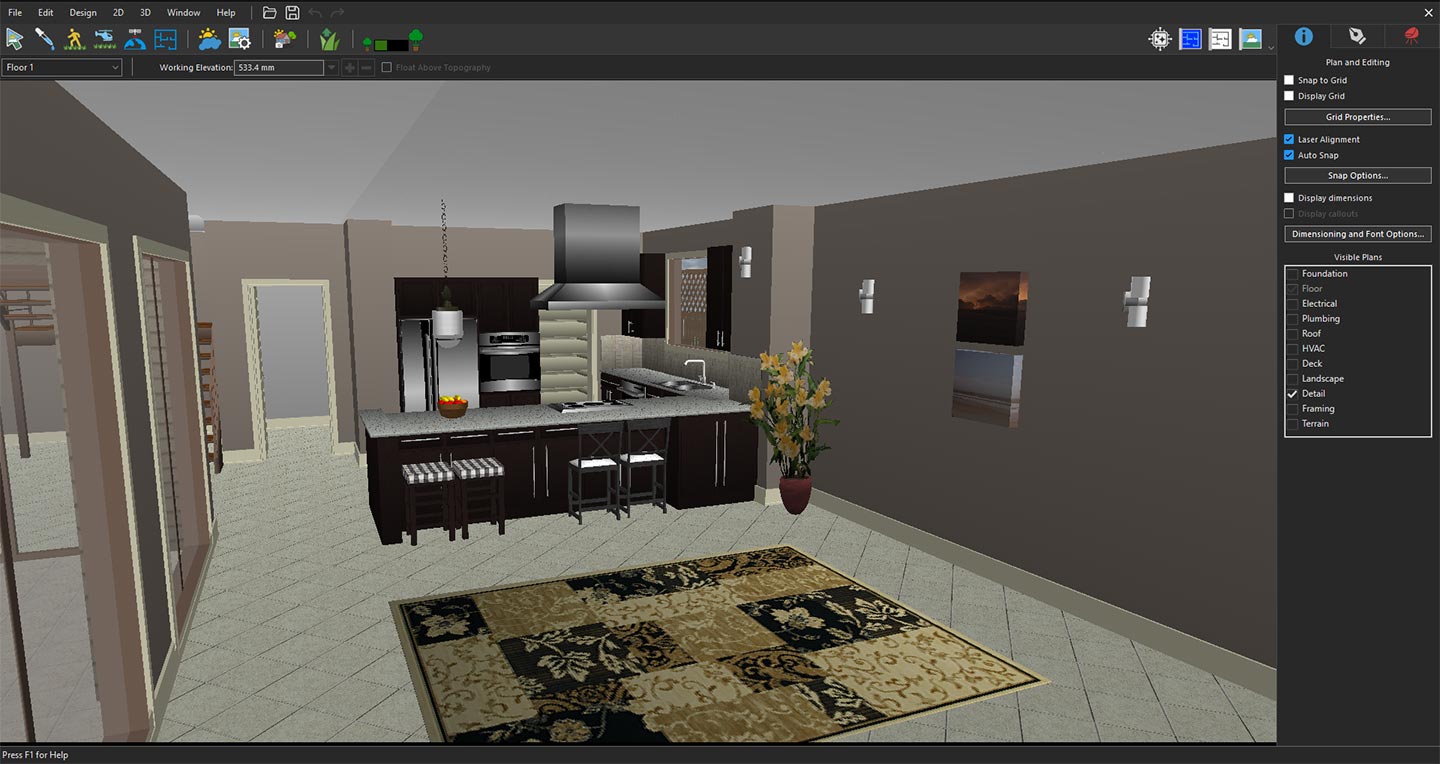 3D View focused on the kitchen space