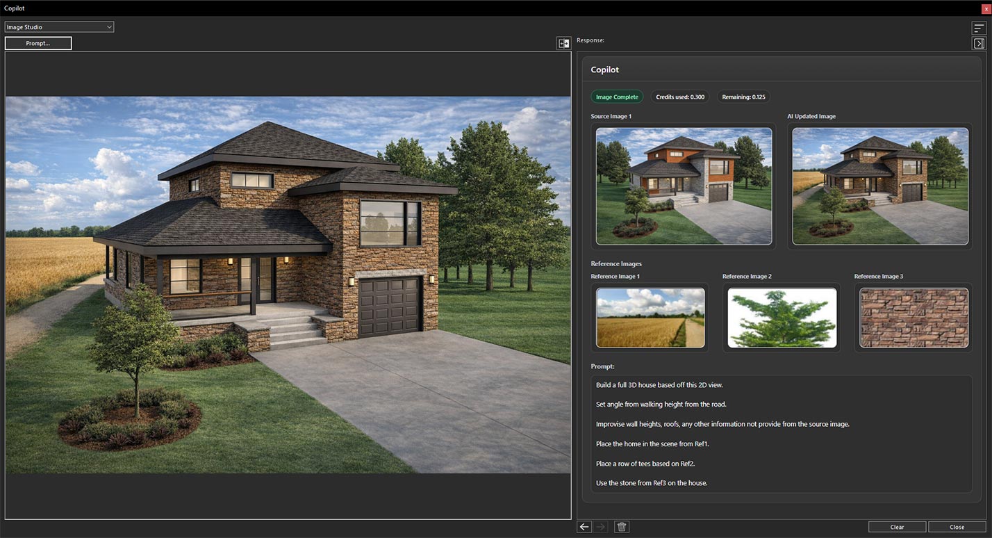 Generated rendering using reference images and custom instructions