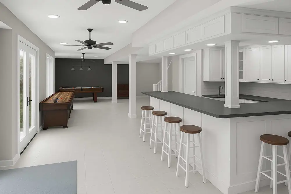 Finished basement with bar and pool table