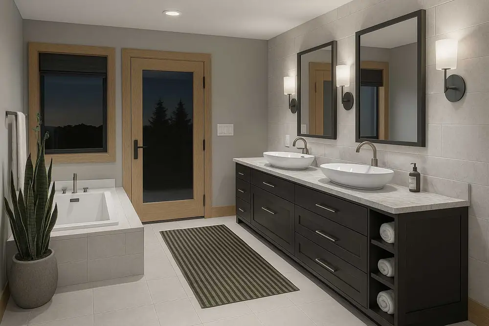 Bathroom with double vanity and soaking tub