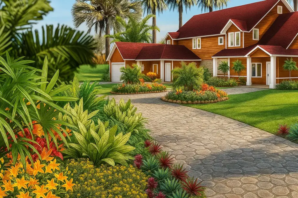 Tropical front garden with paver drive