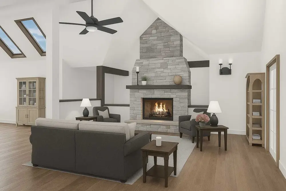 Vaulted living room with stacked-stone fireplace