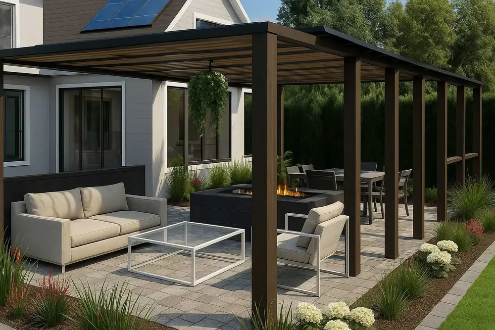 Pergola lounge with sofa and fire table