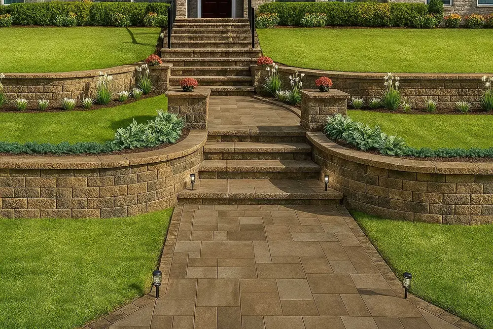 Terraced retaining walls with stone steps